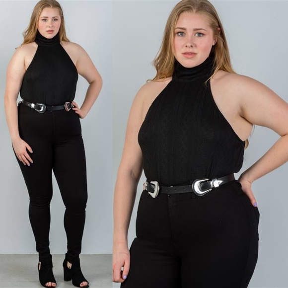 Luxe Label Tops - Naomi Cable Knit Sweater Bodysuit Plus (Black)